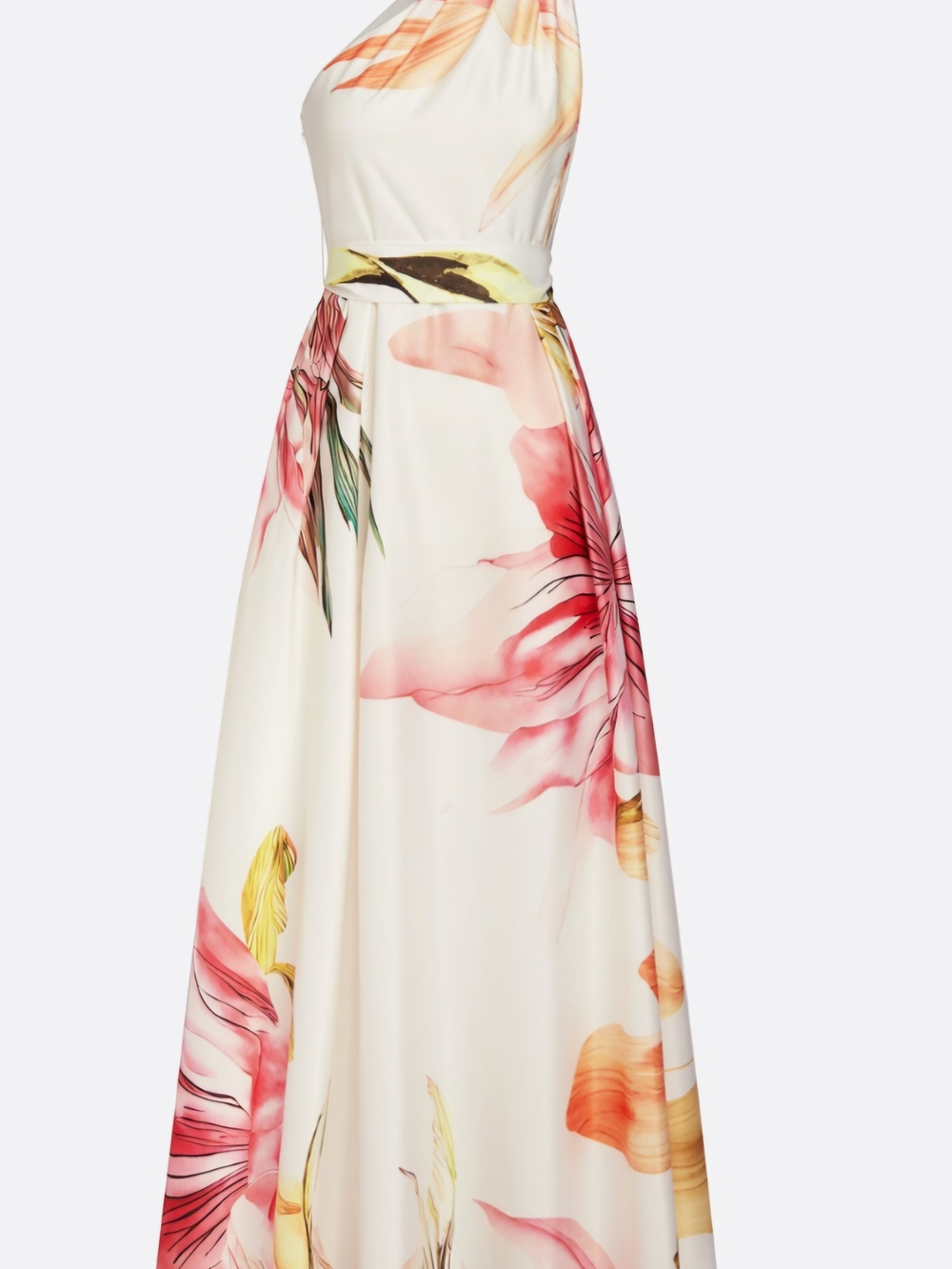 Ivory Floral Halter Maxi Dress with Pink & Yellow Blooms